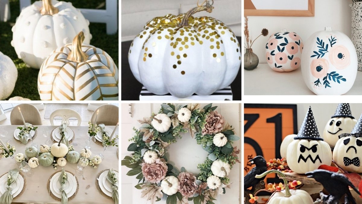 Collage of six white pumpkins decor ideas including painted pumpkins, floral wreaths, Halloween faces, gold chevron stripes, and elegant table settings.