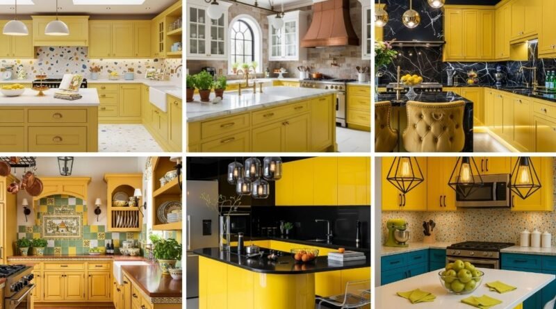 Collage of six yellow kitchen cabinet designs featuring modern, rustic, Mediterranean, and eclectic styles