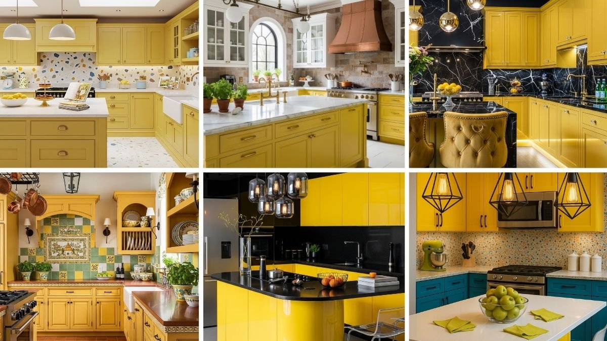 Collage of six yellow kitchen cabinet designs featuring modern, rustic, Mediterranean, and eclectic styles