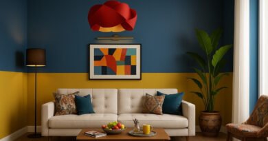 Contemporary living room with navy and mustard yellow color-block wall, abstract art, red pendant light, and a neutral sofa.