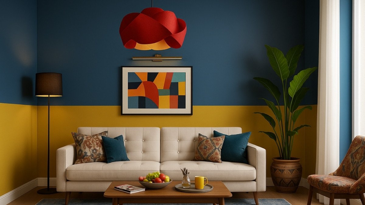 Contemporary living room with navy and mustard yellow color-block wall, abstract art, red pendant light, and a neutral sofa.