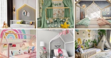 Horizontal collage of six Montessori bedrooms featuring natural wood beds, pastel colors, themed wall art, and cozy textures