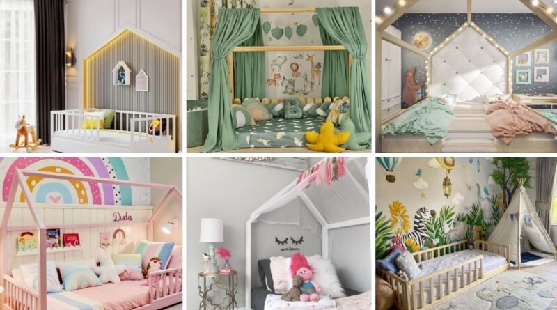 Horizontal collage of six Montessori bedrooms featuring natural wood beds, pastel colors, themed wall art, and cozy textures