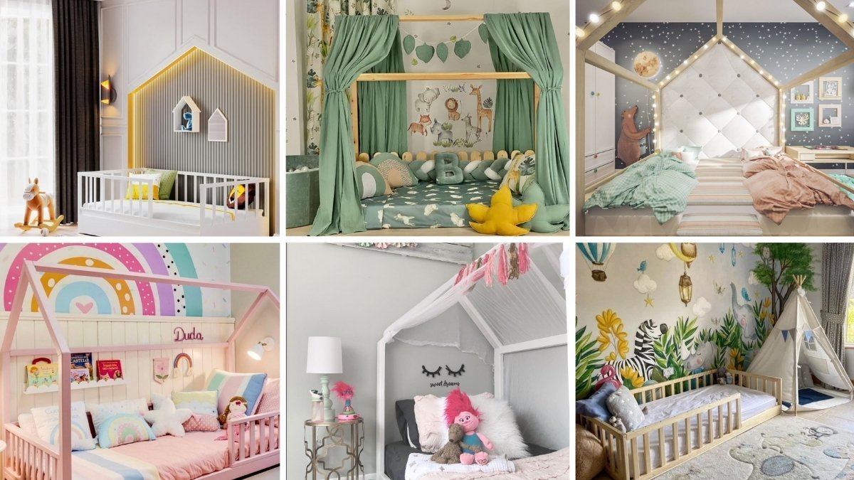 Horizontal collage of six Montessori bedrooms featuring natural wood beds, pastel colors, themed wall art, and cozy textures