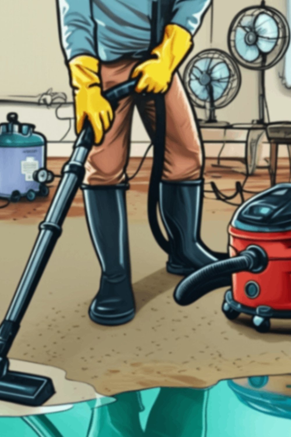 Illustration of person drying flooded carpet using extractor and fans in a utility room

