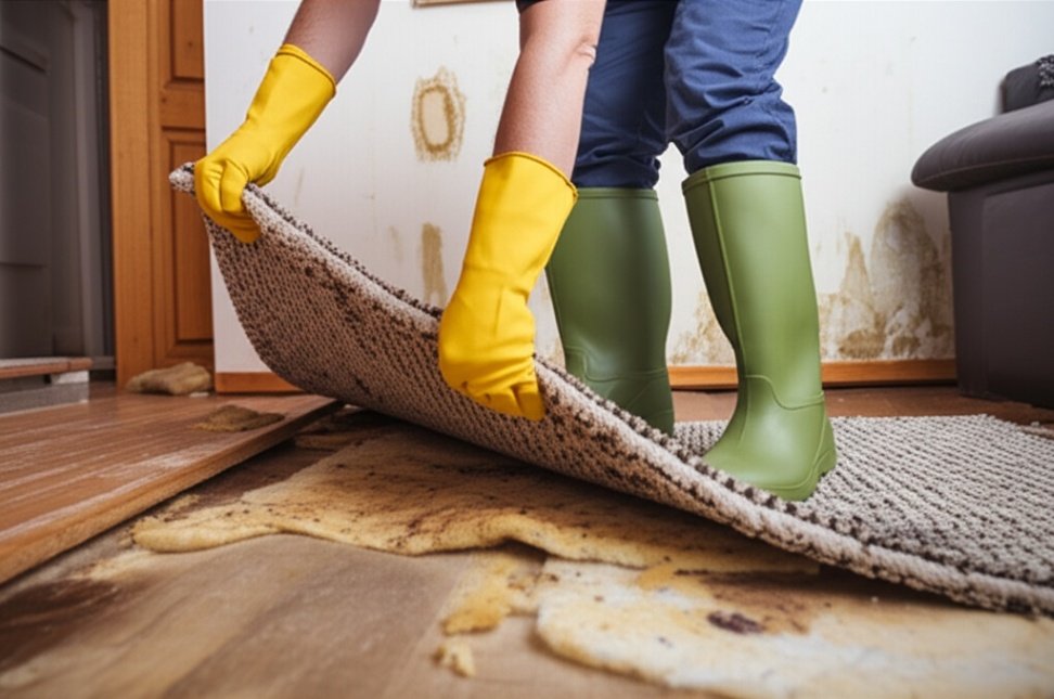 person in gloves using vacuum extractor to dry flooded carpet with fans in the background