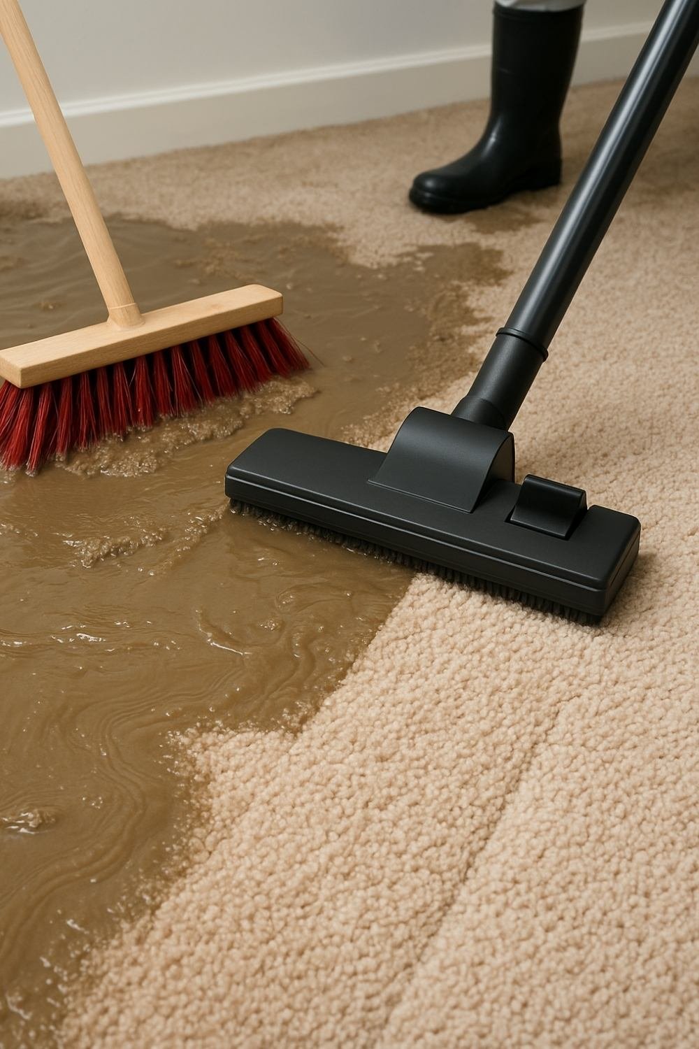 Vacuum cleaner and broom being used to clean muddy water from a carpet after flooding

