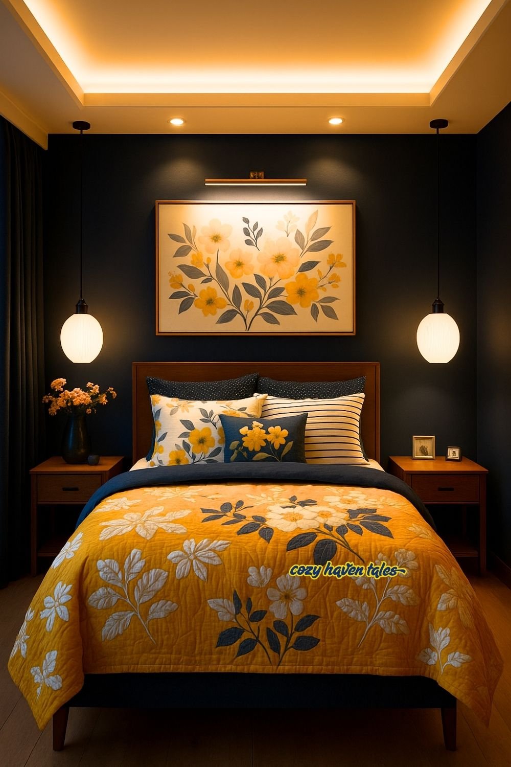Cozy bedroom with warm ceiling cove lights, pendant lamps, and floral yellow bedding that adds charm and softness to the space.