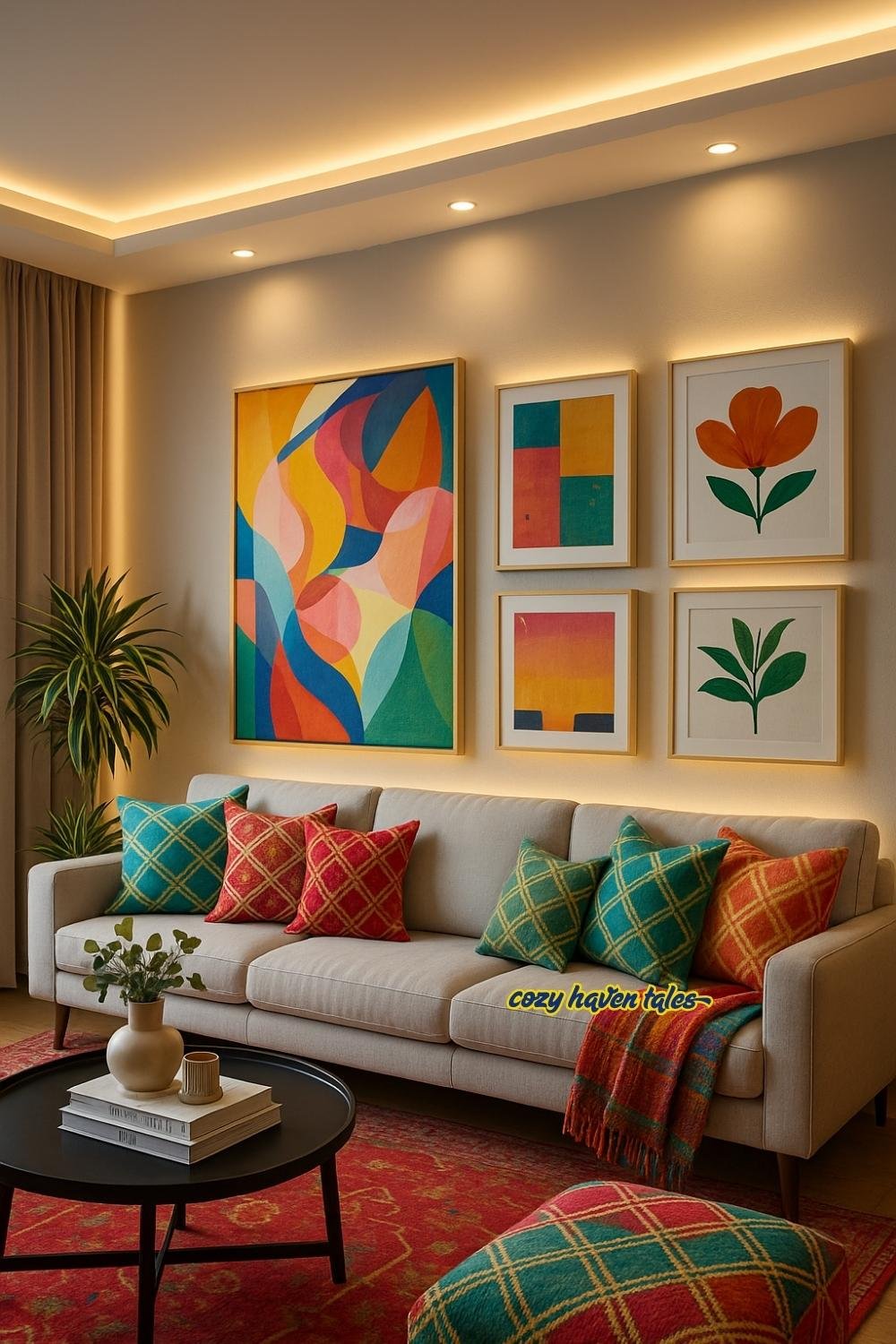 Modern living room with layered lighting from wall-mounted spotlights, indirect LED strip lights, and vibrant throw pillows for a lively, cozy ambiance.