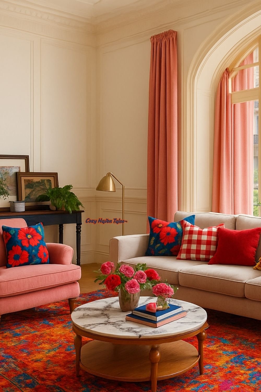 Elegant living room featuring a bold red and blue patterned rug that anchors the seating area, with coral curtains, a marble-top coffee table, and floral accent pillows.