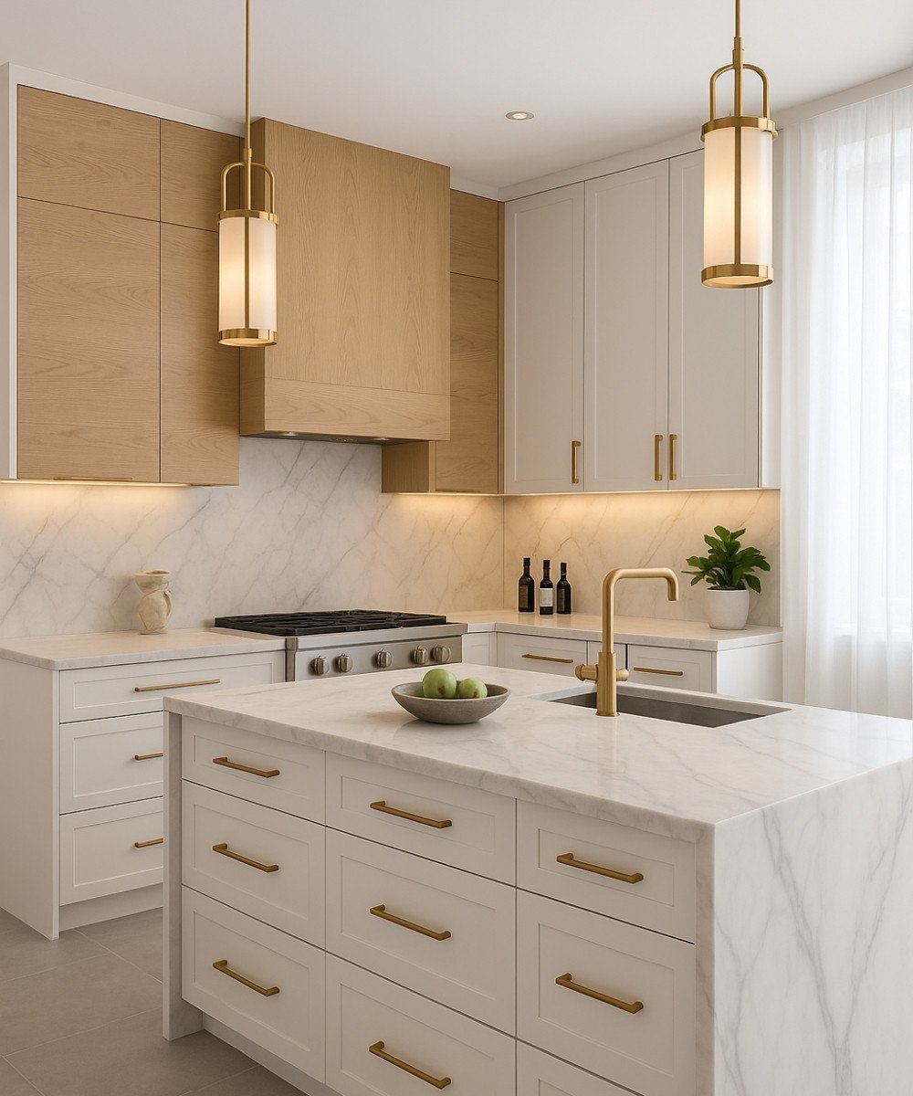 Minimalist white kitchen with warm wood accents and subtle gold fixtures