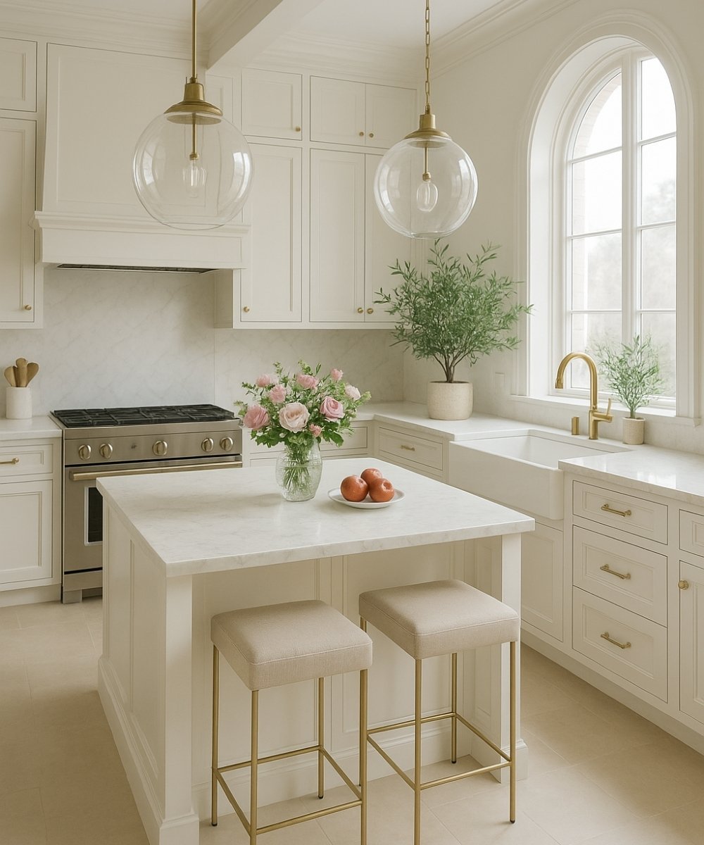 Bright white kitchen with gold hardware, double pendant lights, and marble counters
