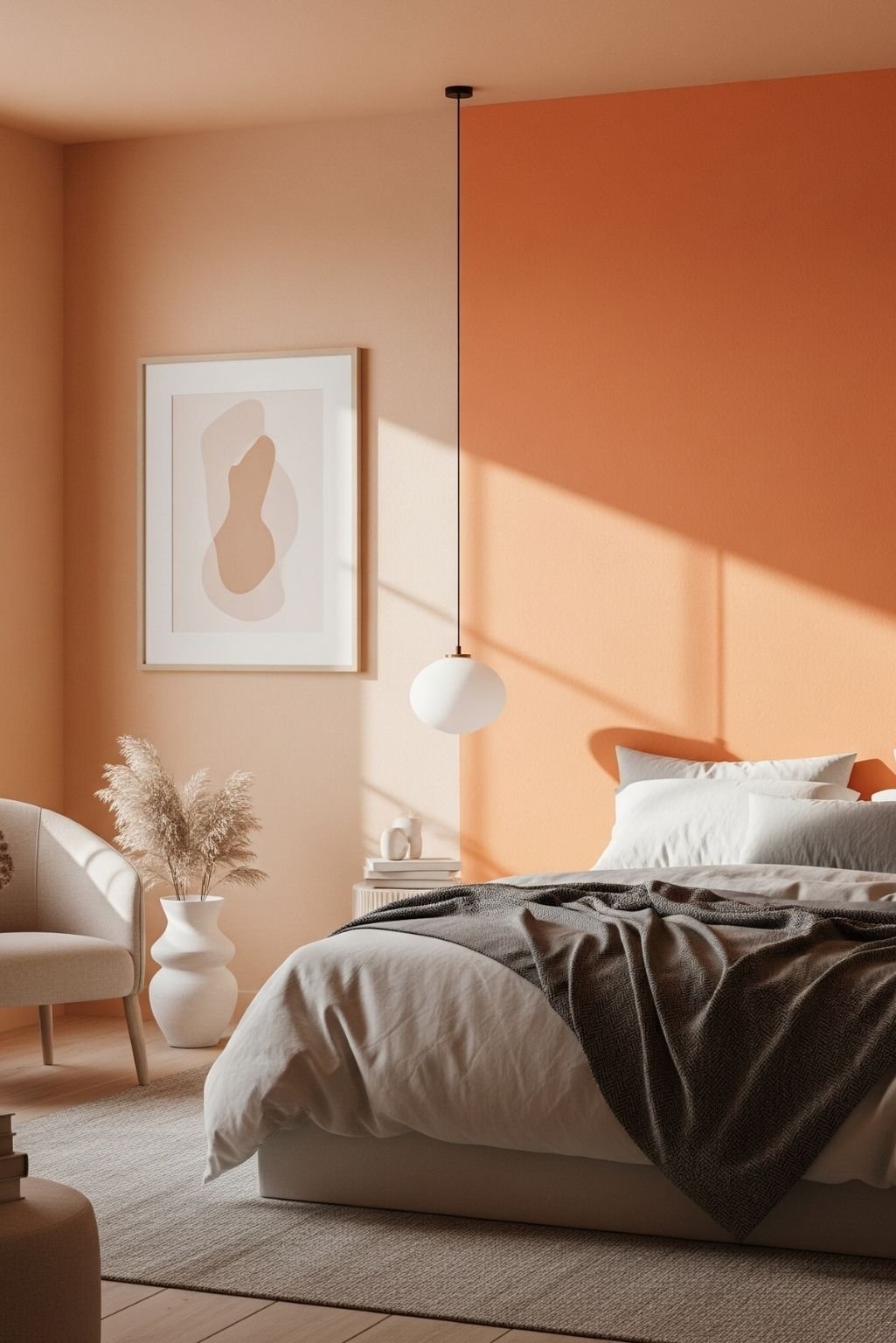 Minimalist bedroom with a soft orange accent wall, warm sunlight, and neutral furnishings.