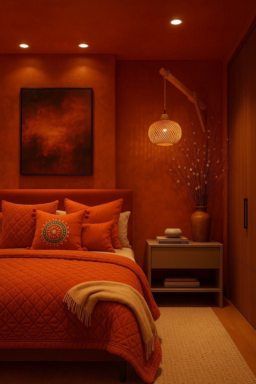 Bedroom with orange walls, orange bedding, orange decor, and warm lighting—an example of color overuse in orange color bedroom ideas.