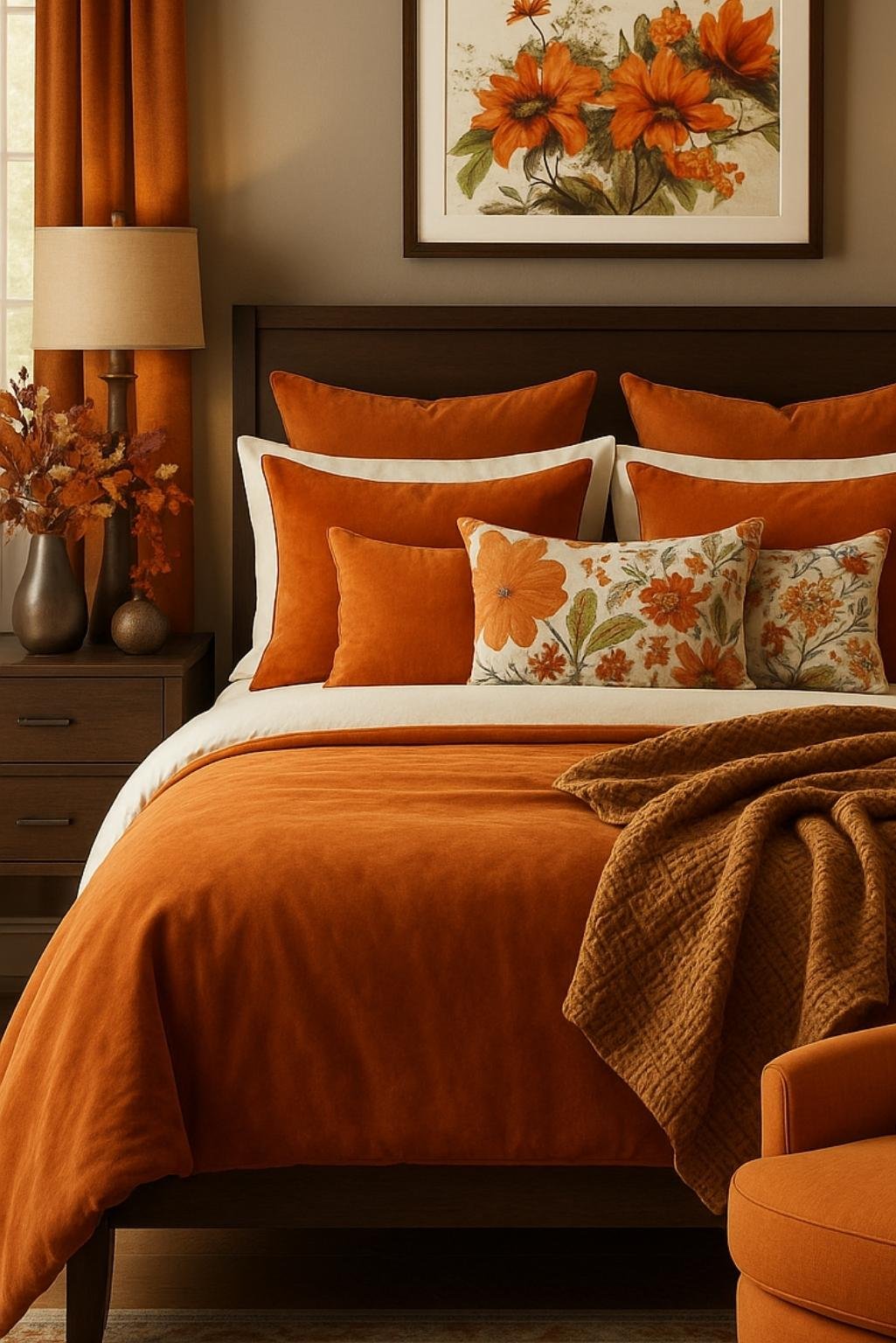 Elegant bedroom with orange floral artwork, matching pillows, and bedside decor in warm tones.