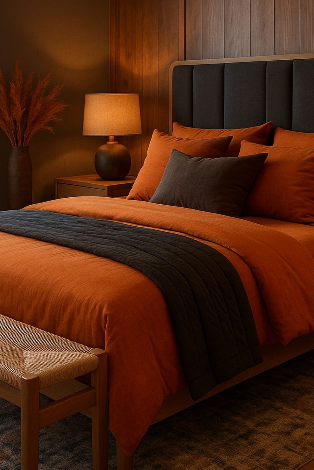Moody bedroom with deep orange bedding, black accents, and dark wooden walls for contrast.