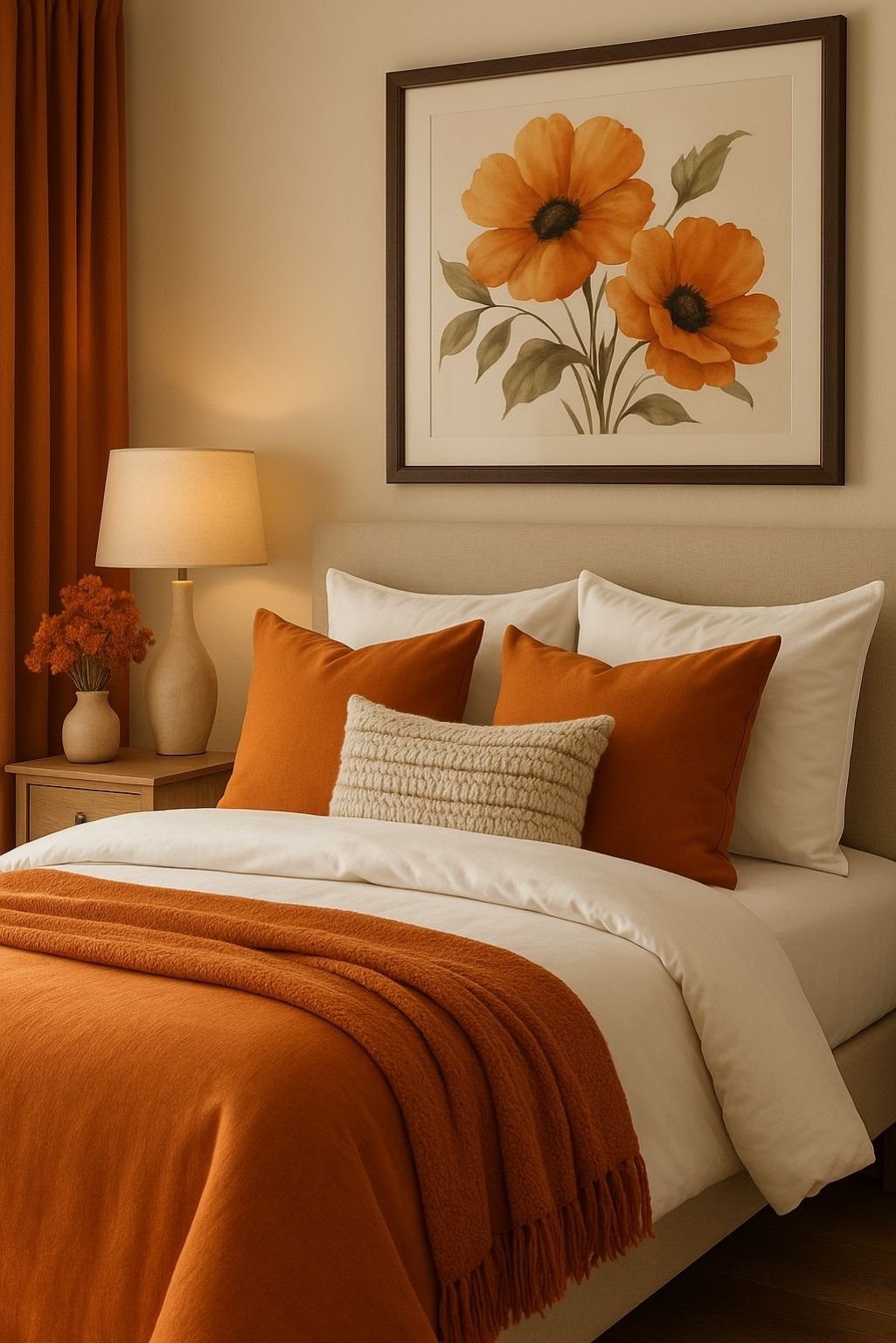 Cozy bedroom with white bedding and orange pillows, throw, and floral wall art.