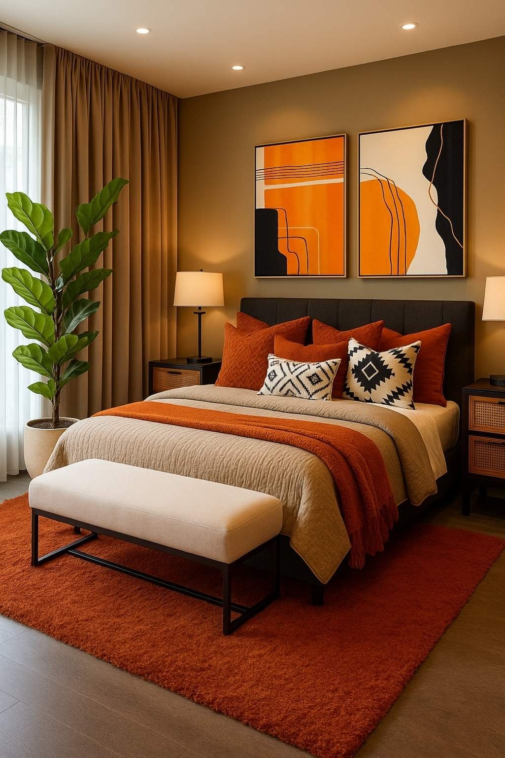 Modern orange bedroom with wooden furniture, indoor plant, tribal cushions, and layered bedding.