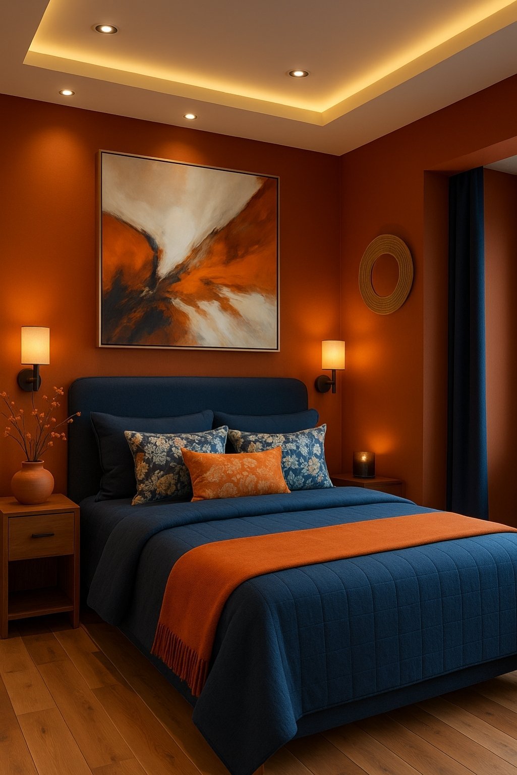 Bold orange bedroom with navy blue bedding, ambient cove lighting, and dramatic wall art.