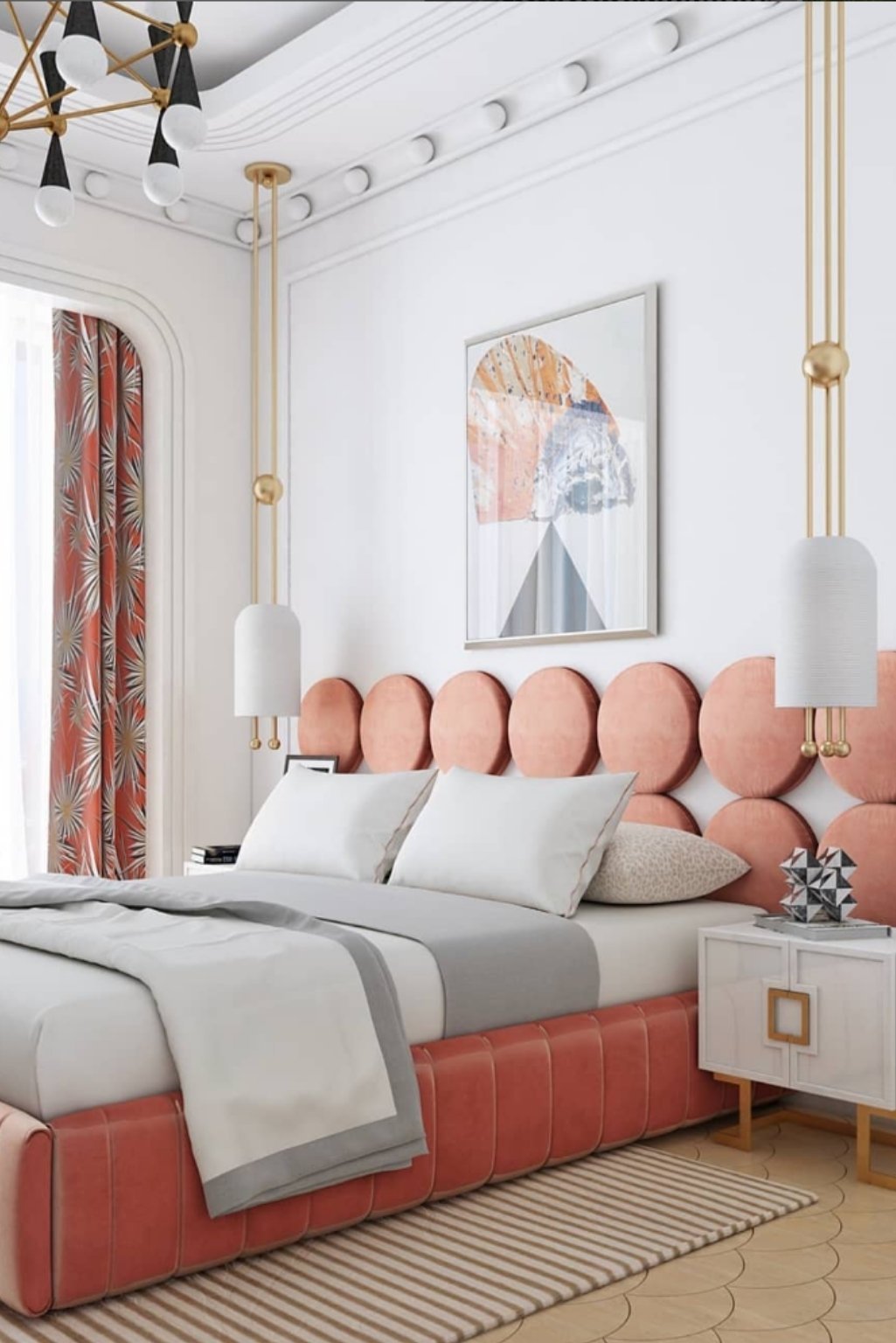 Contemporary white and orange bedroom with a sculpted round headboard and metallic accents—modern take on orange color bedroom ideas.