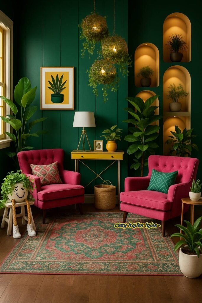 Vibrant seating nook with pink chairs, lush green indoor plants, rattan pendant lights, and warm shelf lighting creating a lively and cozy atmosphere.