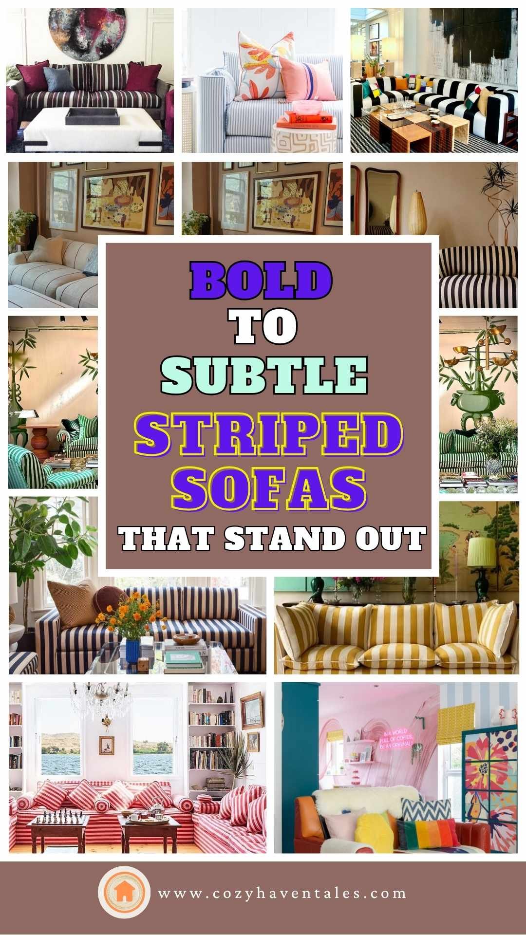 Collage of different striped sofa styles in various interior design settings, from bold color-blocked to soft coastal themes
