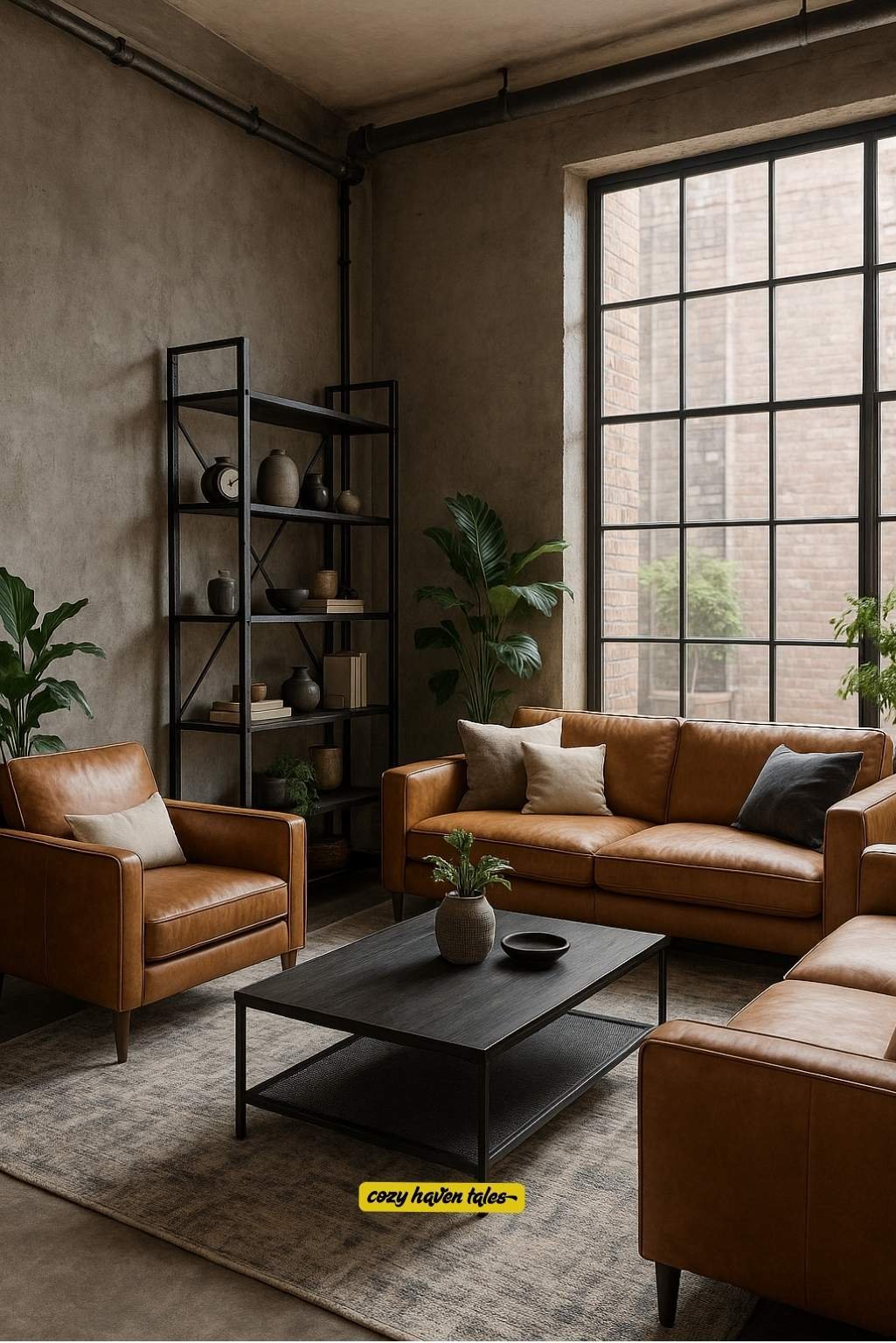 Tan sofa in an industrial chic living room with exposed brick and metal accents.