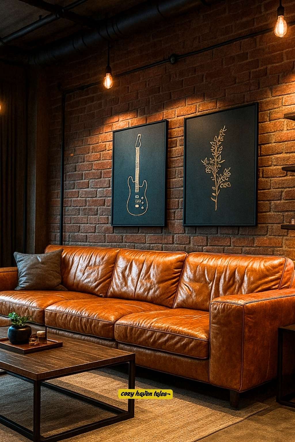 Tan sofa living room idea with exposed brick wall, dark artwork, and warm lighting