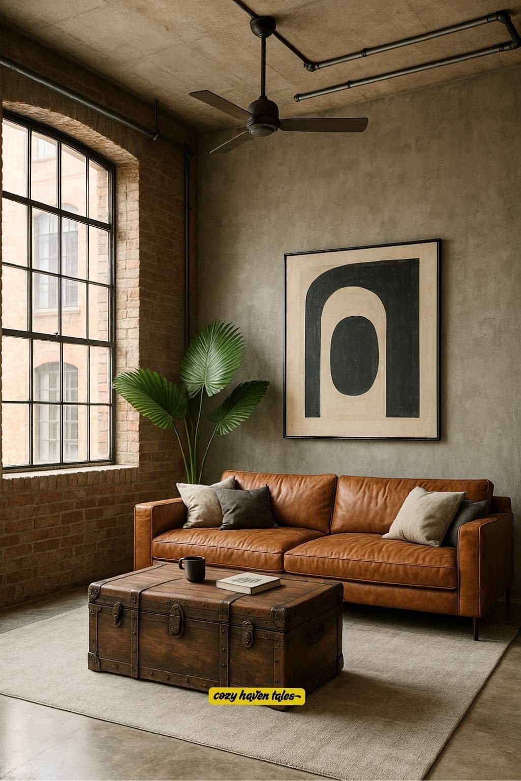 Minimalist living room with tan leather sofa, rustic trunk table, and arched windows