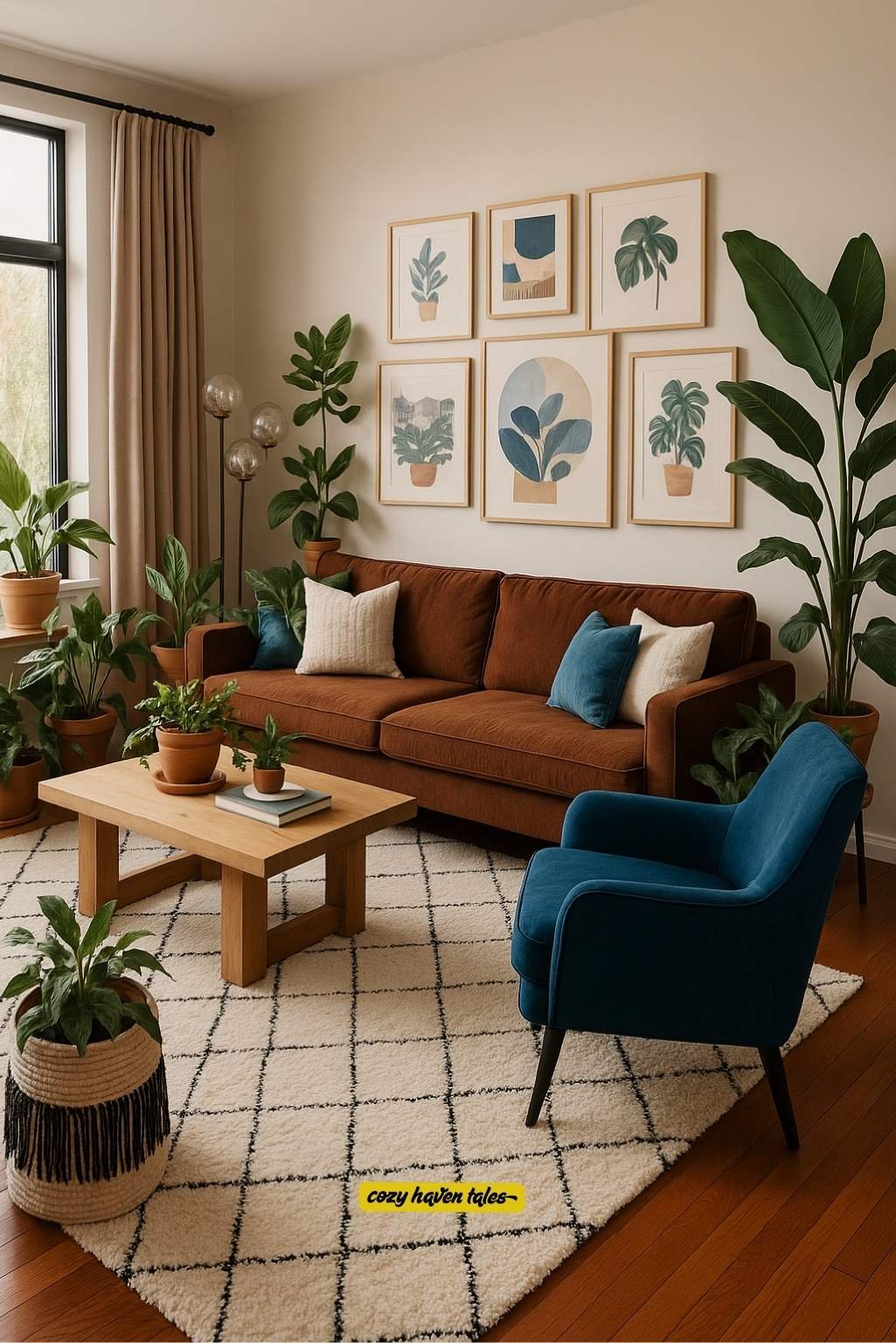 Tan sofa living room idea with blue velvet chair, indoor plants, and botanical wall art
