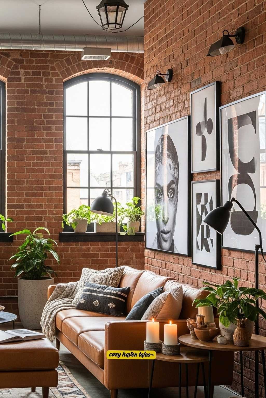 Brick wall living room with tan leather sofa and oversized abstract art