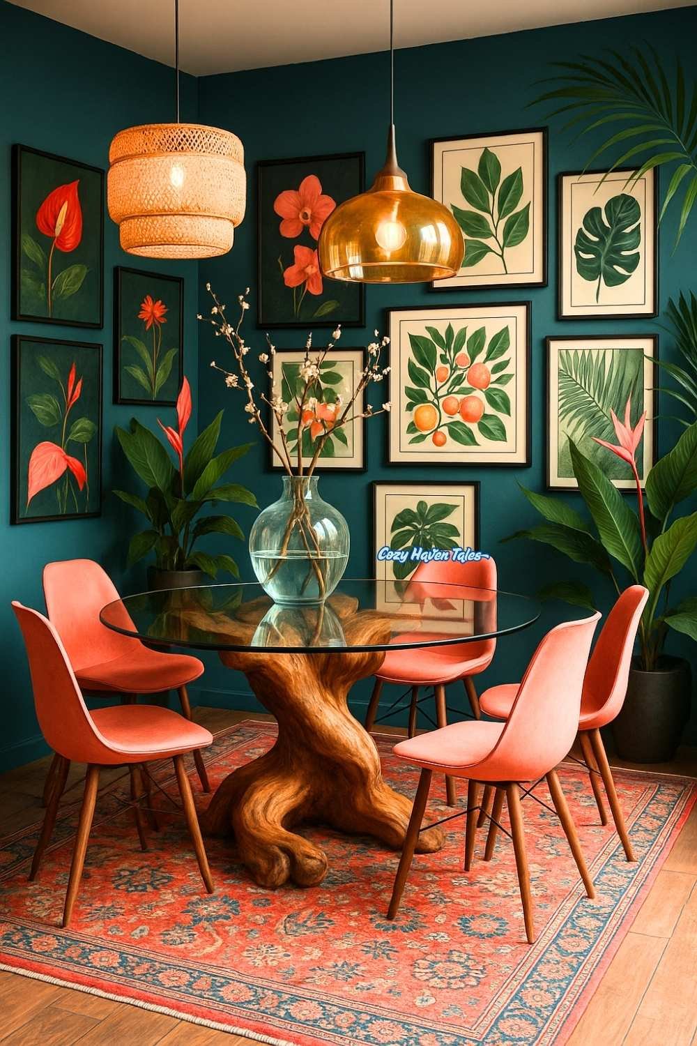 Eclectic dining space with bold botanical gallery wall, colorful artwork, sculptural wood table, and coral chairs creating a vibrant, personalized ambiance.