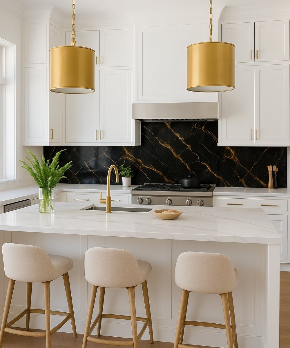 White kitchen with black marble backsplash, gold pendant lighting, and modern island seating
