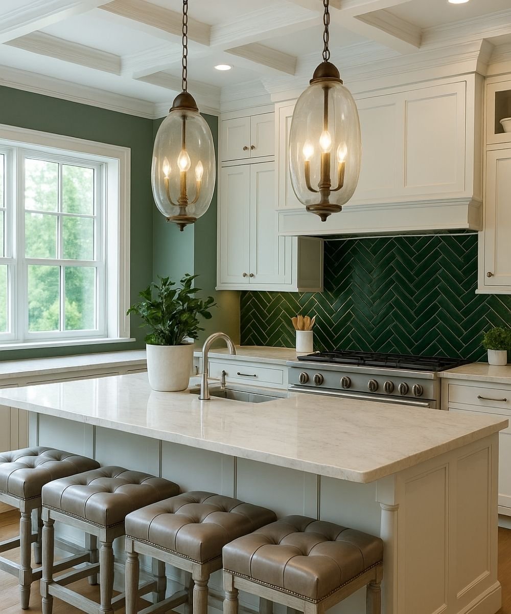 White kitchen with dark green chevron backsplash and pendant lights