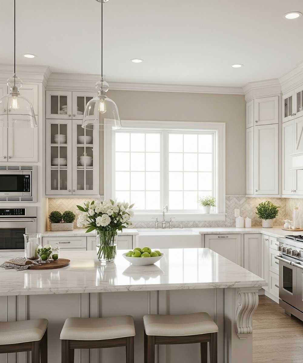White kitchen with glossy island and bar stools, showing high-shine finish on surfaces