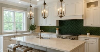 White kitchen with marble island, green chevron tile backsplash, and large glass pendant lights