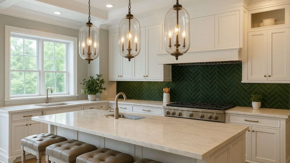 White kitchen with marble island, green chevron tile backsplash, and large glass pendant lights