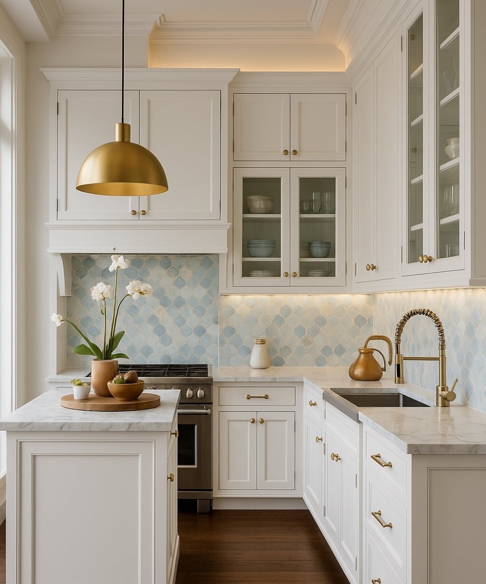 White kitchen with soft blue Moroccan tile backsplash and gold pendant lighting