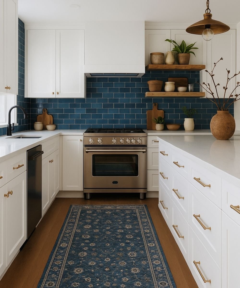 White kitchen with navy blue tile backsplash, runner rug, and open wood shelving