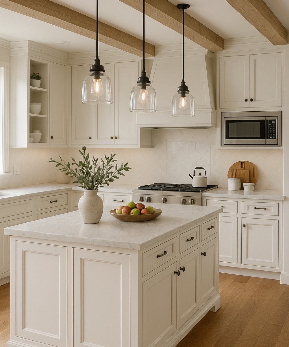 White kitchen with exposed wooden ceiling beams, island, and black pendant lights