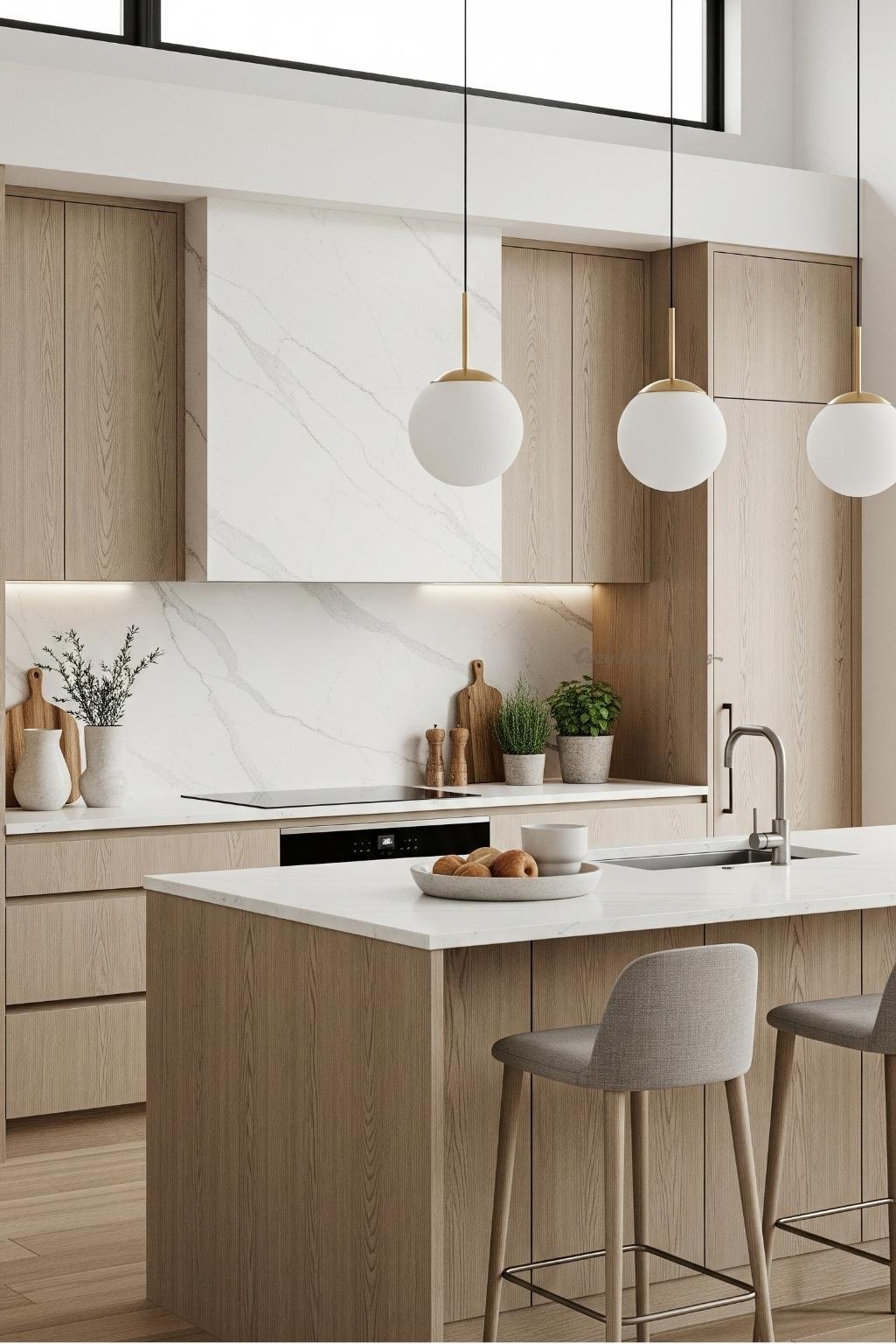 Two-tone kitchen featuring white oak kitchen cabinets on the lower half, paired with white uppers and elegant gold hardware for a layered look.