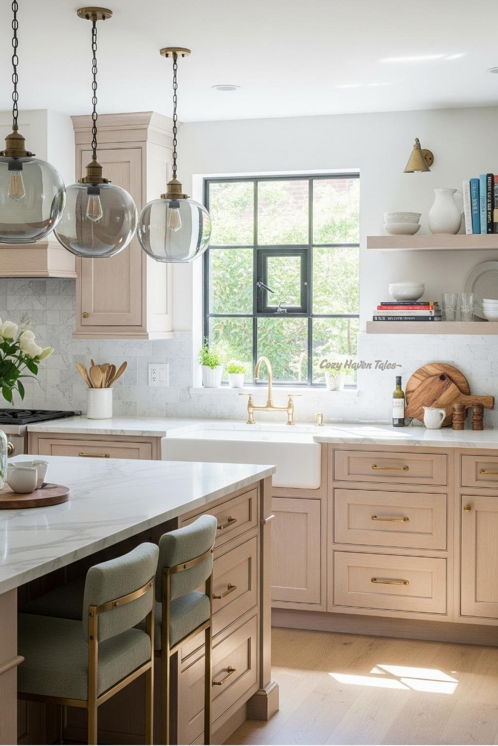 Minimalist kitchen with white oak kitchen cabinets in a clear matte finish, paired with white stone backsplash and modern pendant lighting.