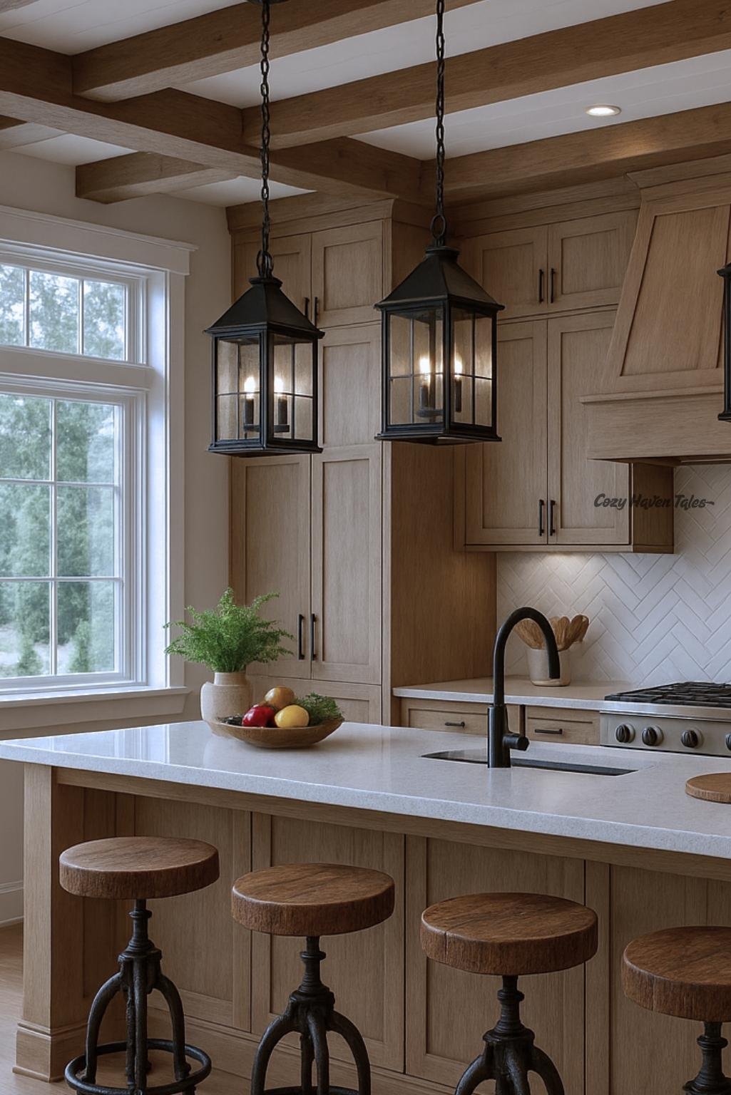 Rustic kitchen featuring white oak kitchen cabinets with matte black fixtures, black lantern pendant lights, and natural wood accents.