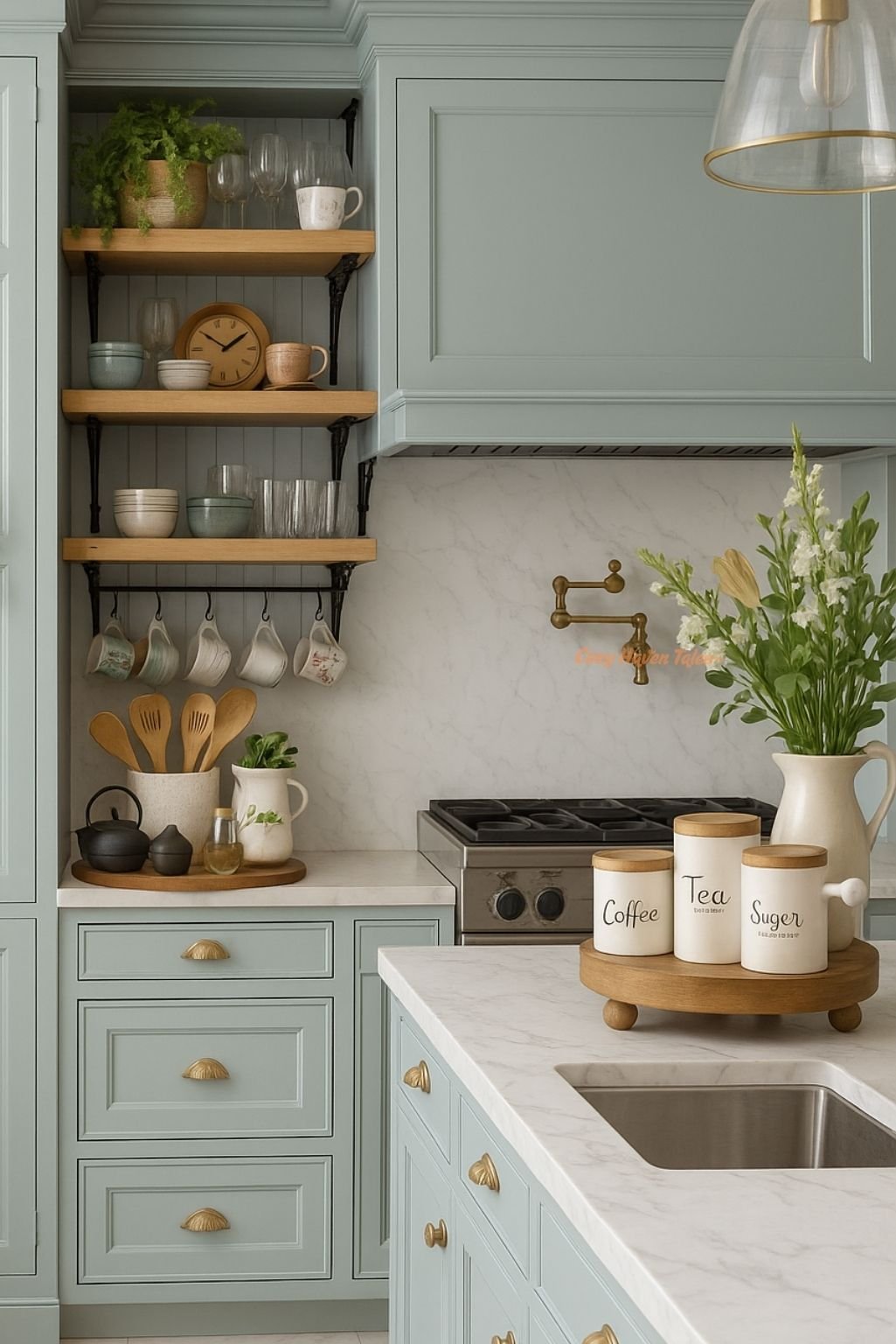 White oak kitchen cabinets styled with sage green uppers and brass accents, showing how easily the look adapts to any interior theme.