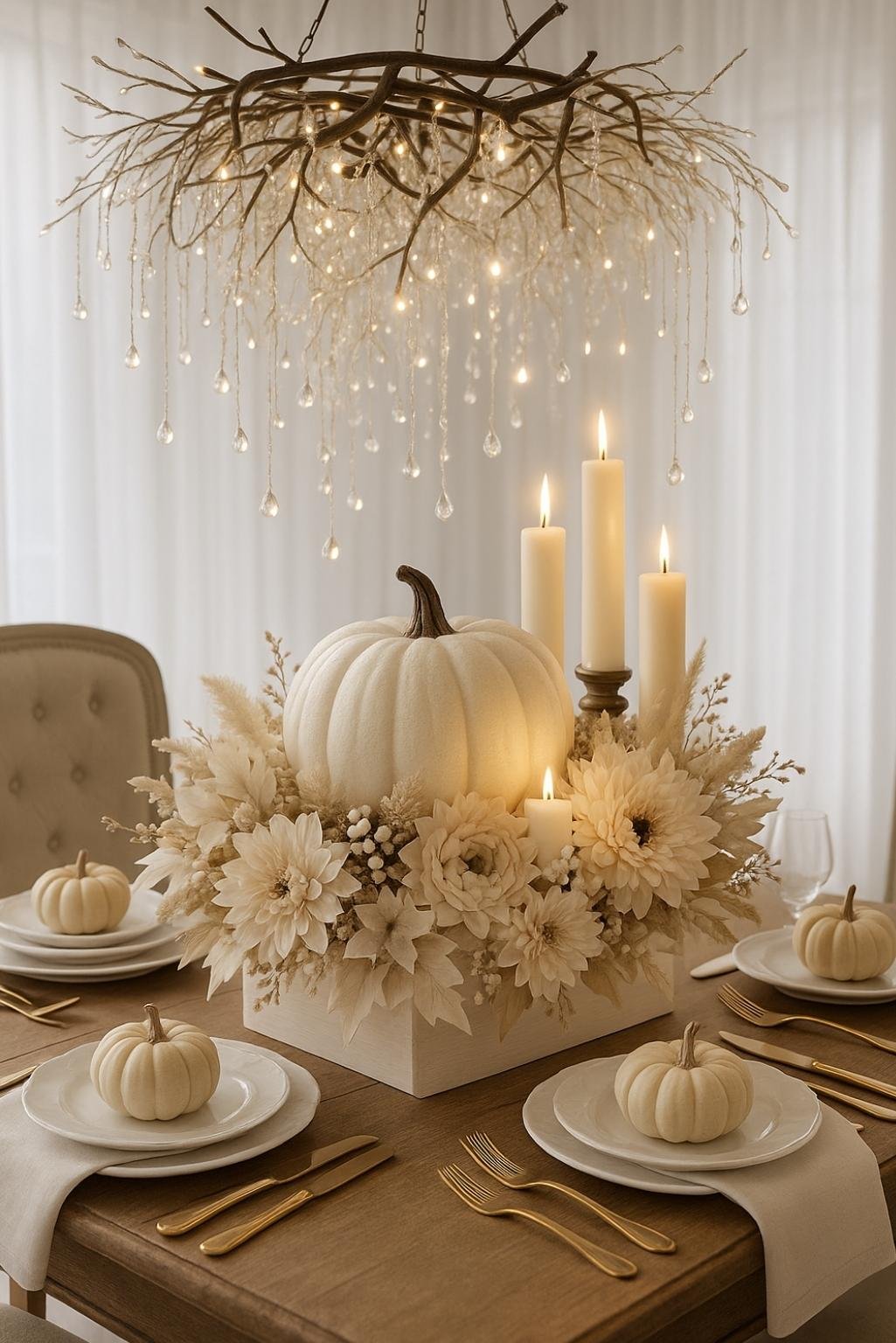 Elegant white pumpkin centerpiece surrounded by faux flowers and candles on a fall dining table, styled with gold flatware and neutral tones.