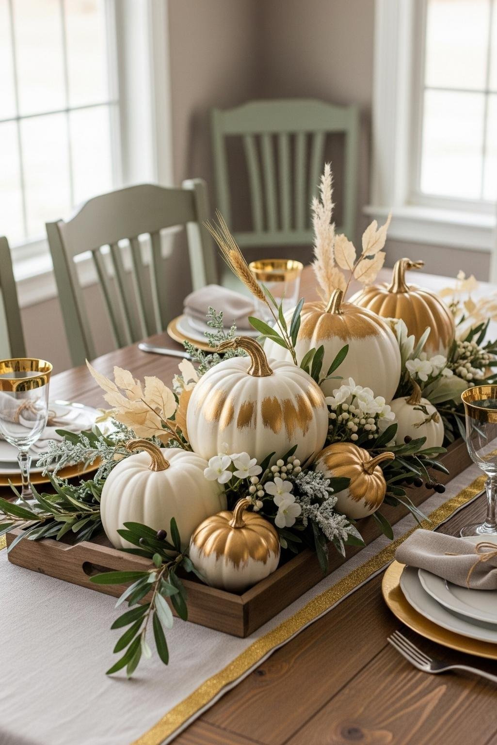 White pumpkins with gold paint accents styled in a rustic tray with greenery and dried florals, creating a chic and boho-inspired fall table centerpiece.