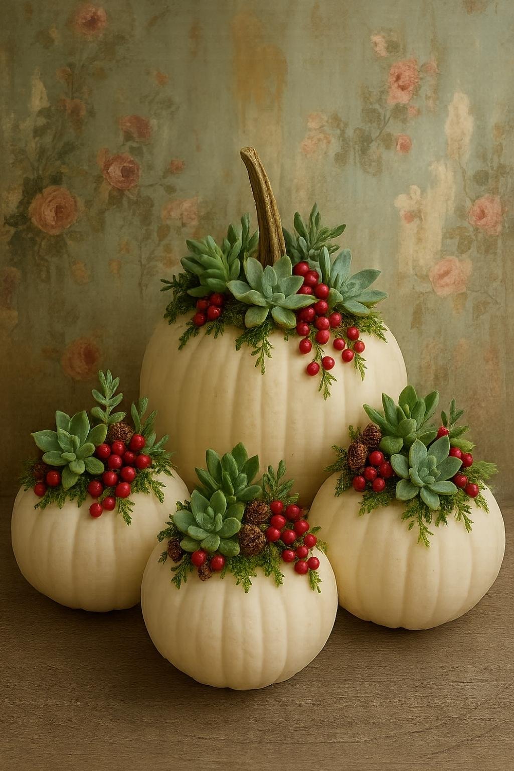 White pumpkins decorated with fresh-looking succulents, red berries, and greenery, arranged artistically for fall or holiday DIY decor.