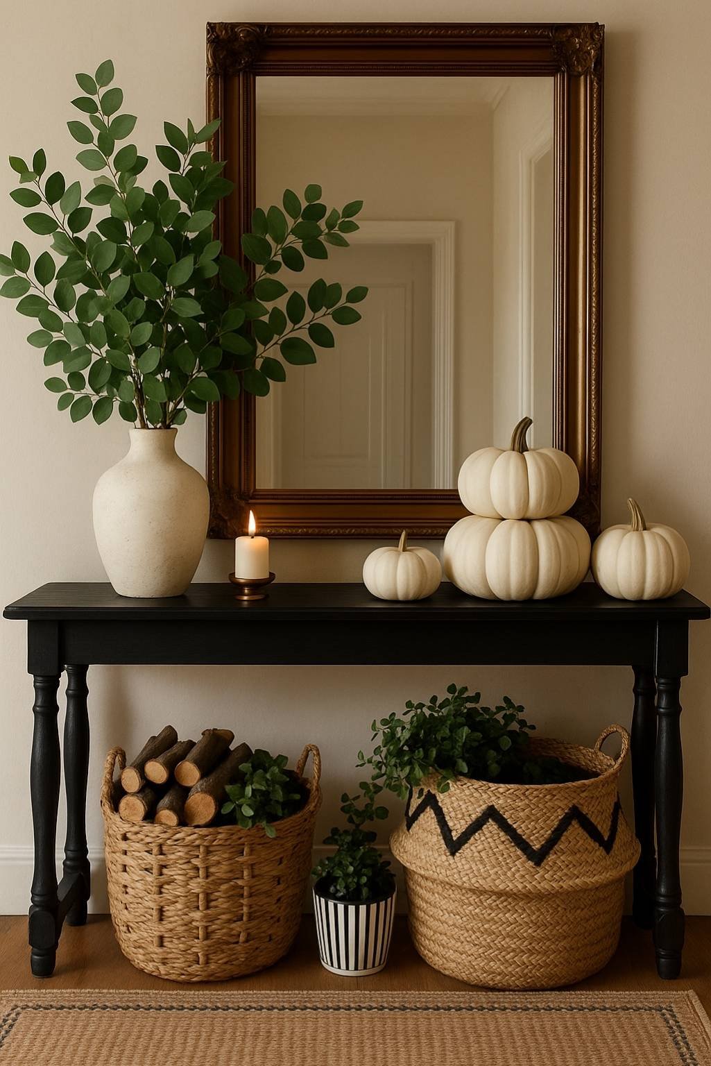 Neutral fall console table styling with stacked white pumpkins, a ceramic vase with greenery, a single candle, and woven baskets for texture.