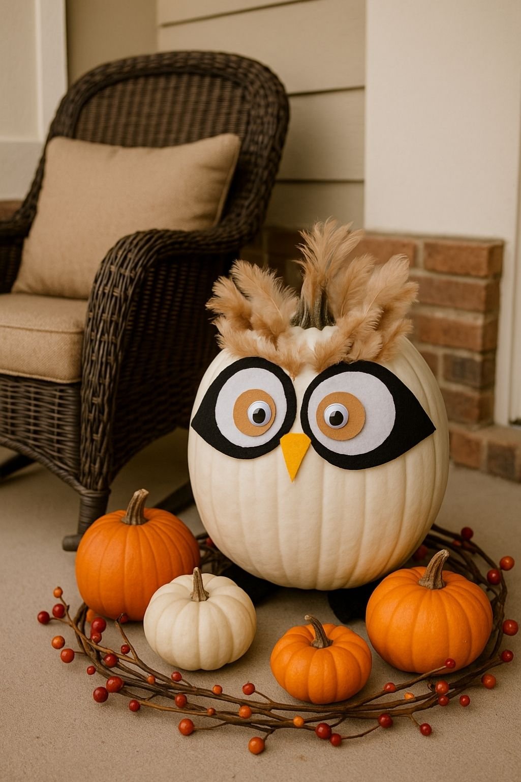 White pumpkin decorated as an owl using cutout shapes and pampas feathers, placed on a porch with mini orange pumpkins and berry accents.