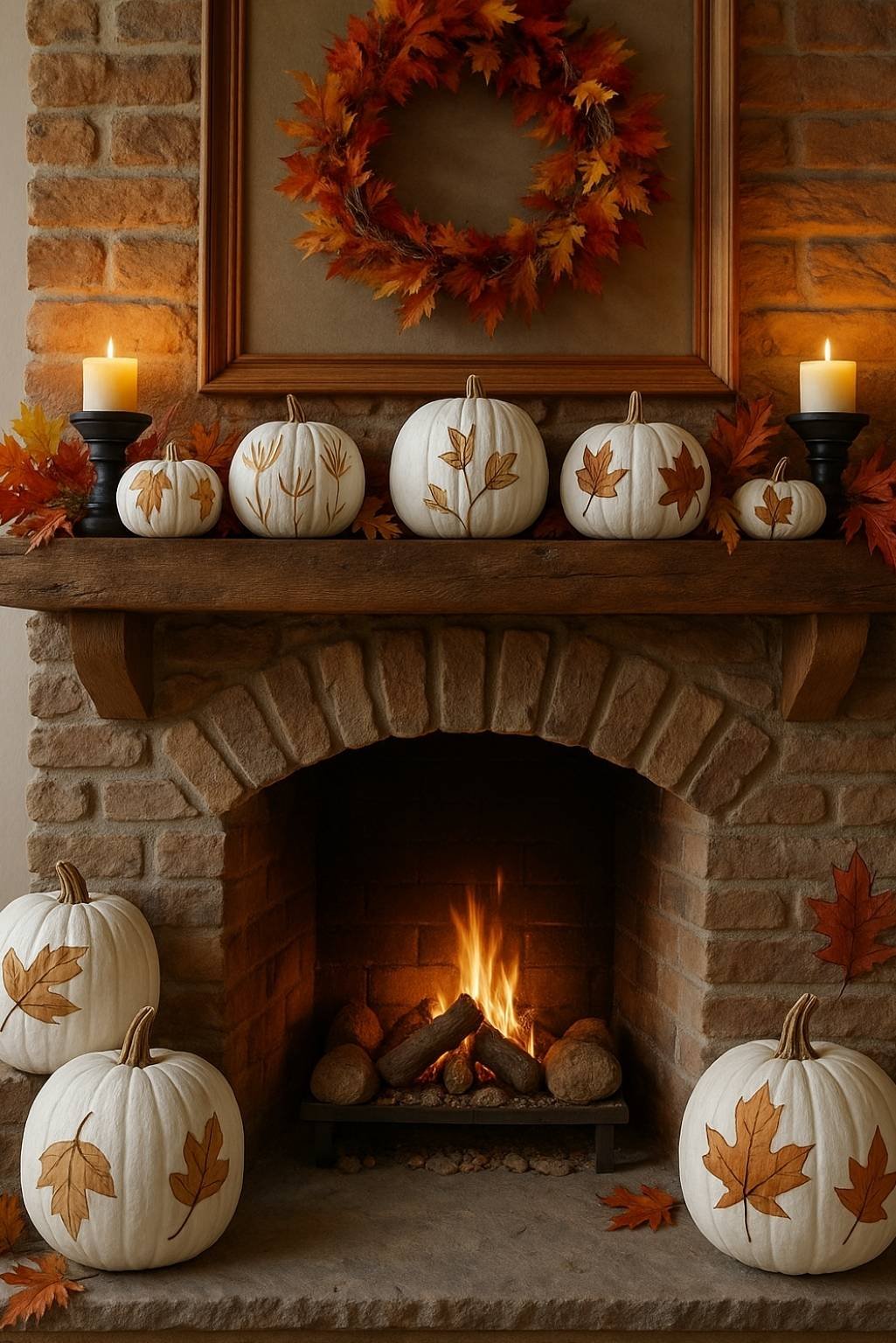 White pumpkins painted with fall leaves styled across a rustic brick fireplace mantel with glowing candles and an autumn leaf wreath.